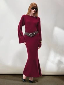 SHEIN Women's Dress Fitted Long Knit Off-Shoulder Flare Sleeve Contrast Belt Asymmetric Fishtail Elegant Burgundy Ribbed Elegant Long Dress Thanksgiving - Red Violet - View 6