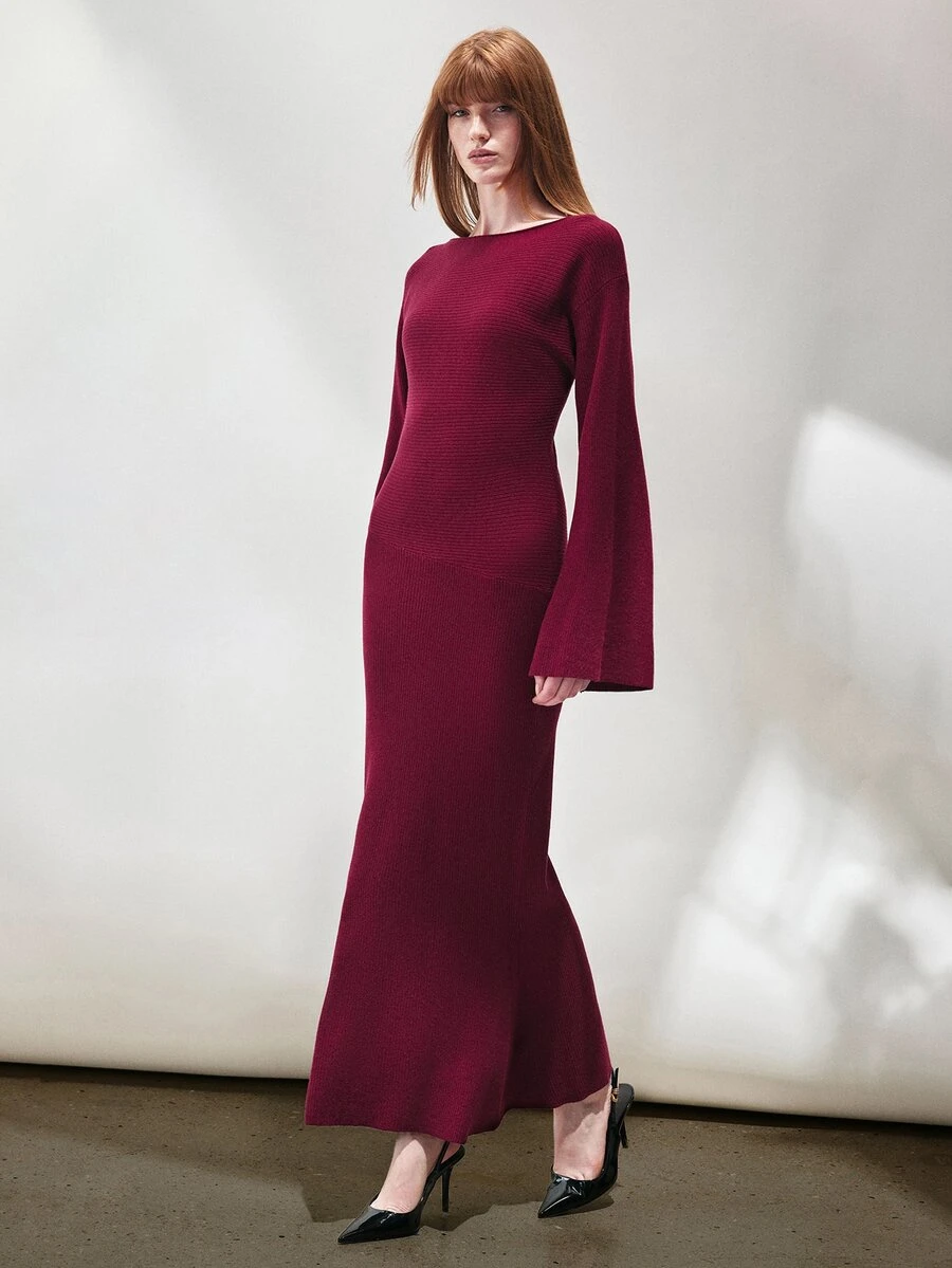 SHEIN Women's Dress Fitted Long Knit Off-Shoulder Flare Sleeve Contrast Belt Asymmetric Fishtail Elegant Burgundy Ribbed Elegant Long Dress Thanksgiving - Red Violet - View 1