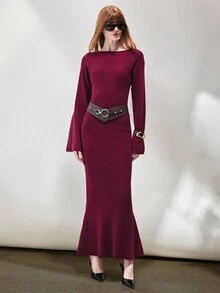 SHEIN Women's Dress Fitted Long Knit Off-Shoulder Flare Sleeve Contrast Belt Asymmetric Fishtail Elegant Burgundy Ribbed Elegant Long Dress Thanksgiving - Red Violet - View 3