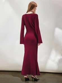 SHEIN Women's Dress Fitted Long Knit Off-Shoulder Flare Sleeve Contrast Belt Asymmetric Fishtail Elegant Burgundy Ribbed Elegant Long Dress Thanksgiving - Red Violet - View 2