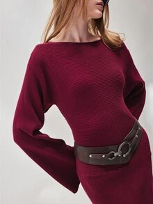 SHEIN Women's Dress Fitted Long Knit Off-Shoulder Flare Sleeve Contrast Belt Asymmetric Fishtail Elegant Burgundy Ribbed Elegant Long Dress Thanksgiving - Red Violet - View 5