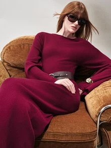 SHEIN Women's Dress Fitted Long Knit Off-Shoulder Flare Sleeve Contrast Belt Asymmetric Fishtail Elegant Burgundy Ribbed Elegant Long Dress Thanksgiving - Red Violet - View 4