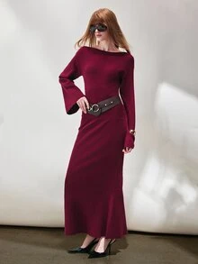 SHEIN Women's Dress Fitted Long Knit Off-Shoulder Flare Sleeve Contrast Belt Asymmetric Fishtail Elegant Burgundy Ribbed Elegant Long Dress Thanksgiving - Red Violet - View 7