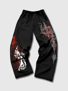 ROMWE MEN Street Life Teen Boy Cross Print Elastic Waist Casual Sweatpants - Black - View 1