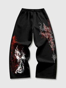 ROMWE MEN Street Life Teen Boy Cross Print Elastic Waist Casual Sweatpants - Black - View 3