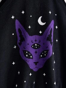 ROMWE Goth 女款大尺碼露肩寬鬆條紋拼接深色哥德風占卜神秘黑貓星月圖案套頭毛衣，秋冬款 - 紫色 - 查看 5
