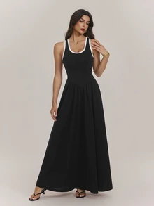 SHEIN Tall 女款春夏黑白格紋拼色U領對比飾邊收腰A字無袖長洋裝，日常旅行休閒穿搭 - 黑色 - 查看 3