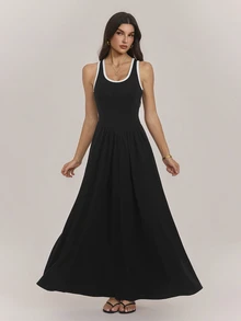 SHEIN Tall 女款春夏黑白格紋拼色U領對比飾邊收腰A字無袖長洋裝，日常旅行休閒穿搭 - 黑色 - 查看 4