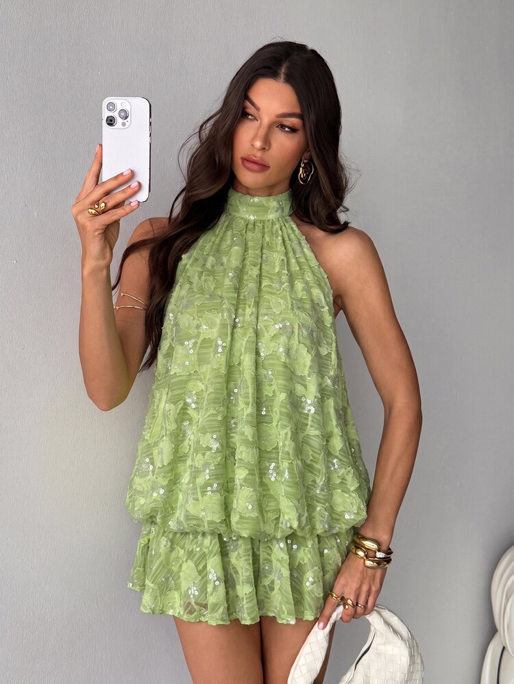 SHEIN Tall Spring/Summer Solid Color Sequin Cold Shoulder Women's Mini Dress - Green - View 8