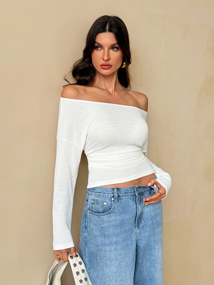 SHEIN Tall Tall Women's Off-White Knitted Off-Shoulder Fitted T-Shirt, Stylish And Commuter-Friendly - Apricot - View 1