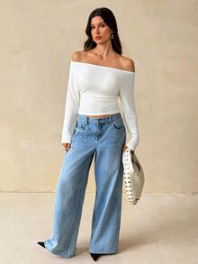 SHEIN Tall Tall Women's Off-White Knitted Off-Shoulder Fitted T-Shirt, Stylish And Commuter-Friendly - Apricot - View 3