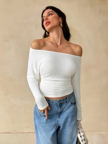 SHEIN Tall Tall Women's Off-White Knitted Off-Shoulder Fitted T-Shirt, Stylish And Commuter-Friendly - Apricot - View 7
