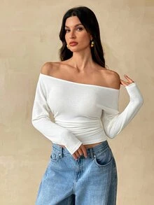 SHEIN Tall Tall Women's Off-White Knitted Off-Shoulder Fitted T-Shirt, Stylish And Commuter-Friendly - Apricot - View 5