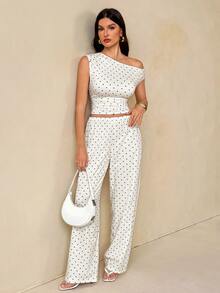 SHEIN Tall Tall Women's Beige Polka Dot Off-Shoulder Top And Pants Two Pieces Set - Apricot - View 1