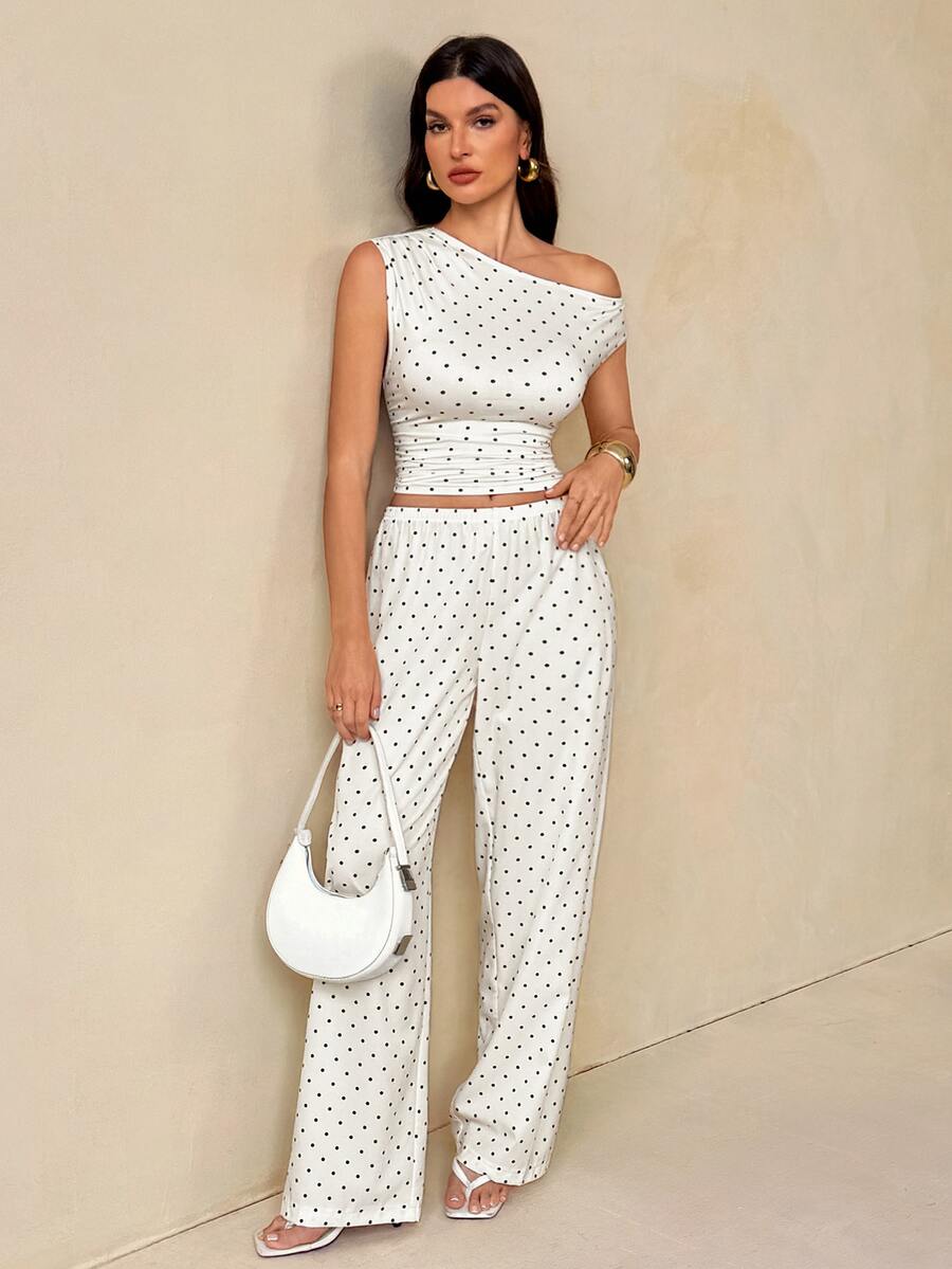 SHEIN Tall Tall Women's Beige Polka Dot Off-Shoulder Top And Pants Two Pieces Set - Apricot - View 1