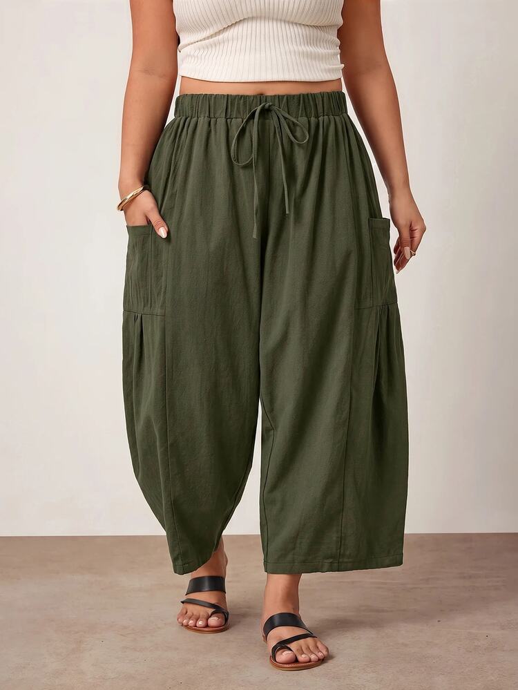Enliva Plus Size Loose Fit Drawstring Casual Traditional Elegant Cropped Pants Vacation Beach Army Green Autumn Fall - Army Green - View 7