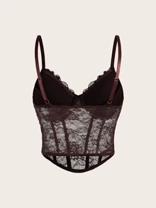 SHEIN ICON 蕾丝吊带黑色紧身胸衣上衣，多用途且实用 - 棕色 - 查看 4