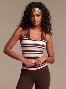 Athîral Women's Slim Fit Brown And Yellow Sports Set,Stretch Finish,Built-In Bra,Flared Pants,Striped,All Season,Modern Athleisure,Gym Running,Women's Set - Coffee Brown - View 4