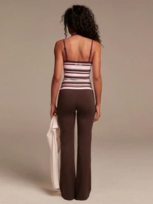 Athîral Women's Slim Fit Brown And Yellow Sports Set,Stretch Finish,Built-In Bra,Flared Pants,Striped,All Season,Modern Athleisure,Gym Running,Women's Set - Coffee Brown - View 2