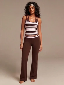 Athîral Women's Slim Fit Brown And Yellow Sports Set,Stretch Finish,Built-In Bra,Flared Pants,Striped,All Season,Modern Athleisure,Gym Running,Women's Set - Coffee Brown - View 6