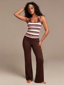 Athîral Women's Slim Fit Brown And Yellow Sports Set,Stretch Finish,Built-In Bra,Flared Pants,Striped,All Season,Modern Athleisure,Gym Running,Women's Set - Coffee Brown - View 1