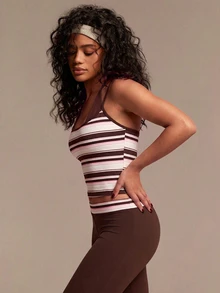 Athîral Women's Slim Fit Brown And Yellow Sports Set,Stretch Finish,Built-In Bra,Flared Pants,Striped,All Season,Modern Athleisure,Gym Running,Women's Set - Coffee Brown - View 5