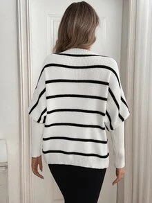 SHEIN LUNE Women's Boat Neck Petal Sleeve Striped Two-Tone Sweater - Black and White - View 3