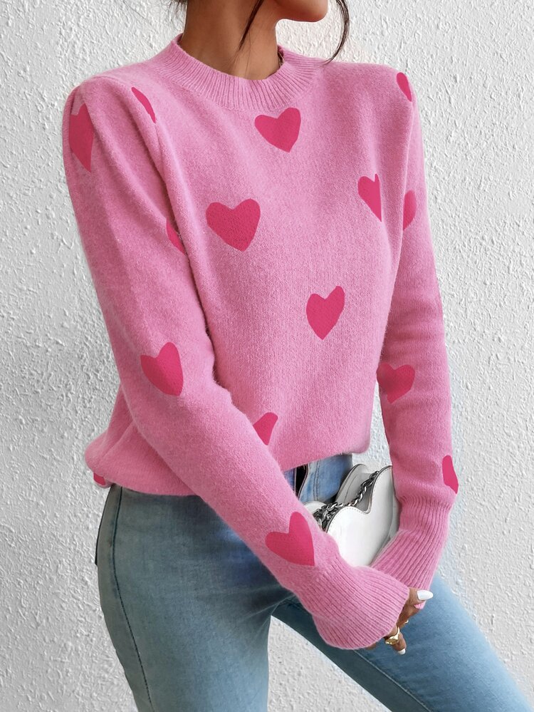 SHEIN LUNE Valentine's Day Heart Jacquard Pullover Round Neck Casual Long Sleeve Sweater For Women, Autumn/Winter Knit Pullover Fall - Multicolor - View 4