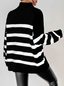 Breezaya Striped Pattern Mock Neck Drop Shoulder Sweater,Long Sleeve Tops Knit Pullover Fall Winter Sweater - Black - View 2
