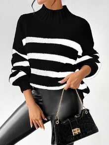 Breezaya Striped Pattern Mock Neck Drop Shoulder Sweater,Long Sleeve Tops Knit Pullover Fall Winter Sweater - Black - View 6