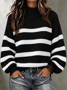 Breezaya Striped Pattern Mock Neck Drop Shoulder Sweater,Long Sleeve Tops Knit Pullover Fall Winter Sweater - Black - View 1
