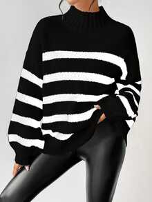 Breezaya Striped Pattern Mock Neck Drop Shoulder Sweater,Long Sleeve Tops Knit Pullover Fall Winter Sweater - Black - View 3