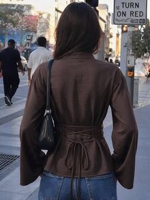 Selianne Women's Spring/Autumn Single Piece New Chinese Style Stand Collar Frog Button Side Ruched Waist Bell Sleeve Satin Slim Fit Flattering National Style Daily Commute Long Sleeve Blouse - Coffee Brown - View 2