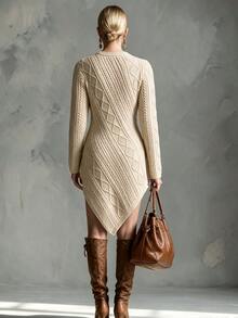 Breezaya Fall Vintage Elegant Twisted Rope Cable Knit Textured Long Sleeve Asymmetrical Hem Sweater Dress For Women Brunch Beige - Multicolor - View 2