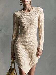 Breezaya Fall Vintage Elegant Twisted Rope Cable Knit Textured Long Sleeve Asymmetrical Hem Sweater Dress For Women Brunch Beige - Multicolor - View 4