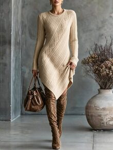 Breezaya Fall Vintage Elegant Twisted Rope Cable Knit Textured Long Sleeve Asymmetrical Hem Sweater Dress For Women Brunch Beige - Multicolor - View 1