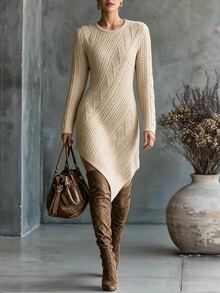 Breezaya Fall Vintage Elegant Twisted Rope Cable Knit Textured Long Sleeve Asymmetrical Hem Sweater Dress For Women Brunch Beige - Multicolor - View 3