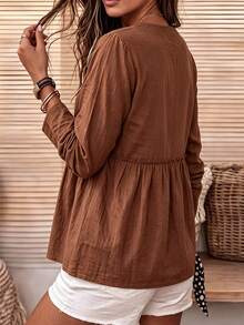 Holdful Holdful Women's Fashion Button Half-Placket Pleated Minimalist Casual Boho Shirt Brunch Brown Autumn - Coffee Brown - View 2