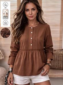 Holdful Holdful Women's Fashion Button Half-Placket Pleated Minimalist Casual Boho Shirt Brunch Brown Autumn - Coffee Brown - View 8