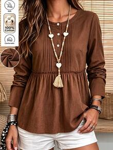 Holdful Holdful Women's Fashion Button Half-Placket Pleated Minimalist Casual Boho Shirt Brunch Brown Autumn - Coffee Brown - View 6