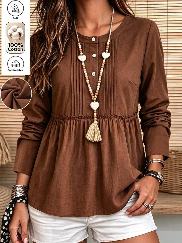 Holdful Holdful Women's Fashion Button Half-Placket Pleated Minimalist Casual Boho Shirt Brunch Brown Autumn - Coffee Brown - View 6