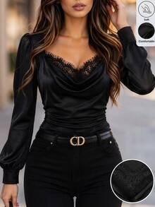 GlowEve Women's Autumn Contrast Lace Cowl Neck Long Sleeve Elegant Bodysuit - Black - View 1