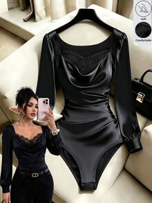 GlowEve Women's Autumn Contrast Lace Cowl Neck Long Sleeve Elegant Bodysuit - Black - View 8