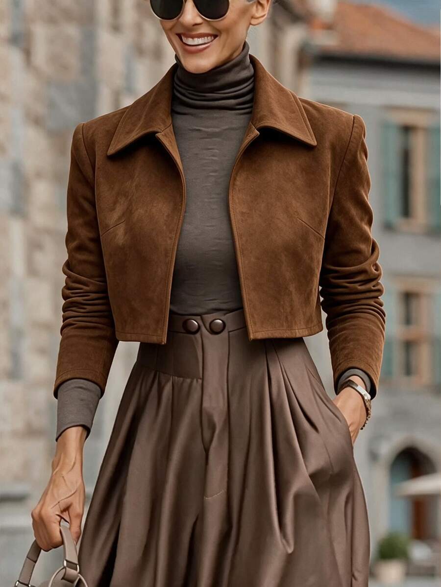 Balvessa Women's Lapel Short Suede Jacket, Spring & Autumn Light Luxury Style High-End Texture, Suitable For Daily Wear, Commuting, Office Outfit Etc. - Coffee Brown - View 1