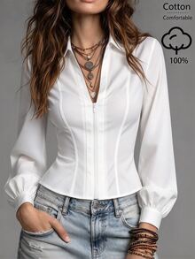GlowEve Women's Fall Versatile Minimalist Elegant White Zipper Collar Long Sleeve Shirt Office - White - View 9