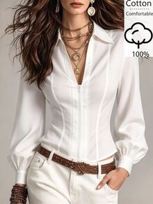 GlowEve Women's Fall Versatile Minimalist Elegant White Zipper Collar Long Sleeve Shirt Office - White - View 1