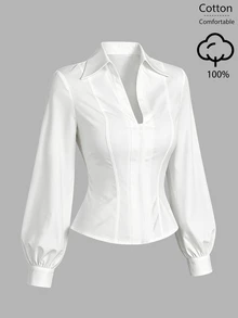 GlowEve Women's Fall Versatile Minimalist Elegant White Zipper Collar Long Sleeve Shirt Office - White - View 3