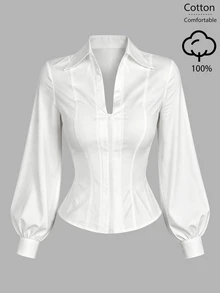 GlowEve Women's Fall Versatile Minimalist Elegant White Zipper Collar Long Sleeve Shirt Office - White - View 4