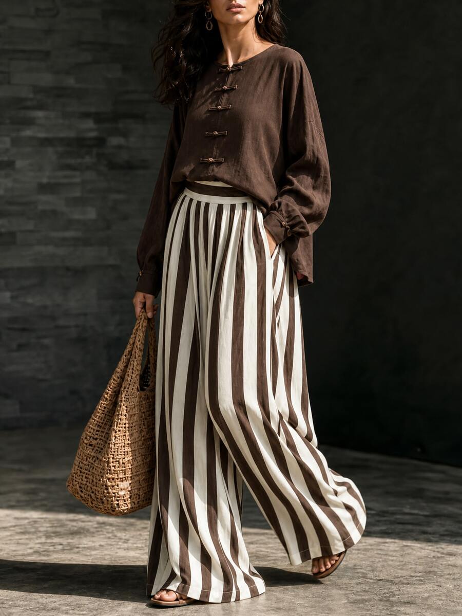 LUMIGAL Women's Frog Button Long Sleeve Shirt And Matching Striped Wide Leg Pants 2 Pieces Set - Coffee Brown - View 1