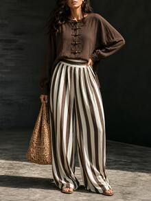 LUMIGAL Women's Frog Button Long Sleeve Shirt And Matching Striped Wide Leg Pants 2 Pieces Set - Coffee Brown - View 5